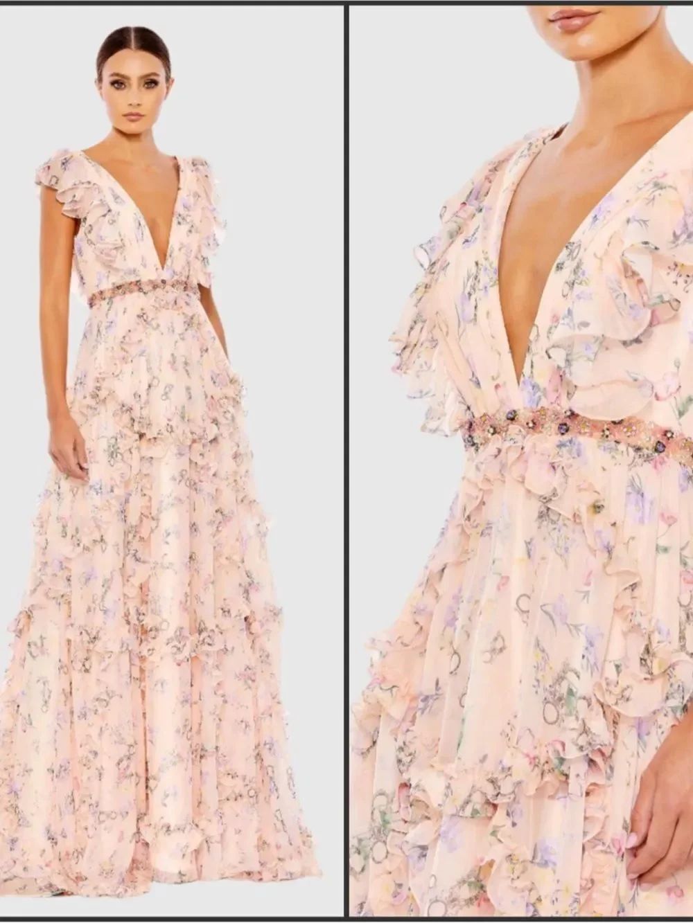 Mac Duggal Pink Size 4 Ruffle Floral Beaded Waist Plunge V Neck Maxi Gown Dress
